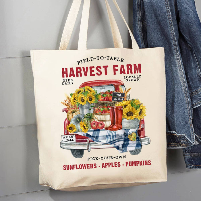 Autumn Fall Harvest Farms Red Truck 12 oz Canvas Tote Bag