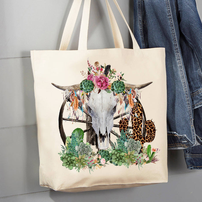 Western Cow Skull Cactus Southwestern 12 oz Canvas Tote Bag