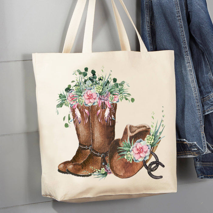 Western Cowboy Boots Flowers Southwestern Canvas Tote Bag