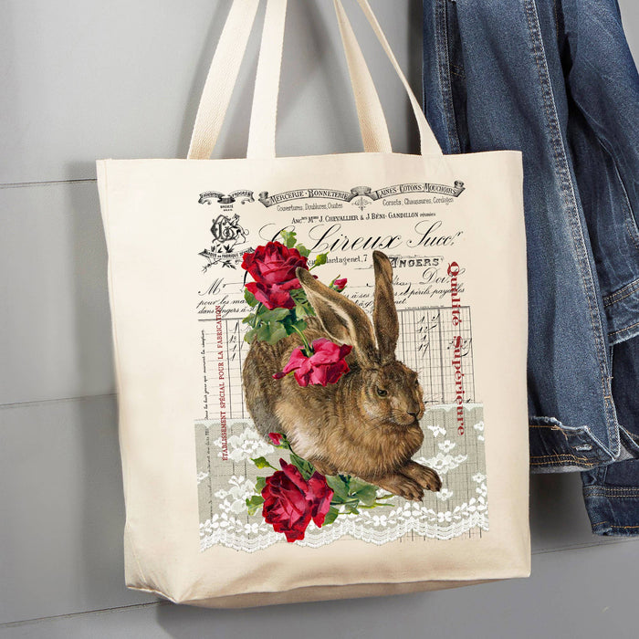 Vintage French Bunny Roses Spring 12 oz Canvas Tote Bag