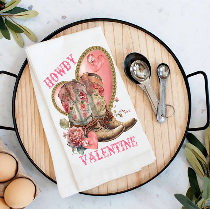 Howdy Valentine Cowboy Boots Flour Sack Tea Towel