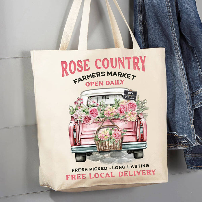 Country Rose Pink Pick Up Truck 12 oz Canvas Tote Bag