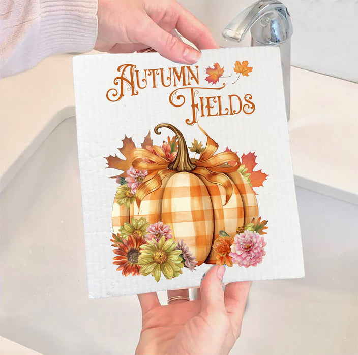 Autumn Harvest Checkered Pumpkins SWEDISH DISH CLOTH