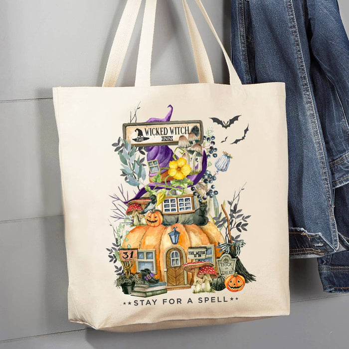 Halloween Wicked witch Pumpkin House 12 oz Canvas Tote Bag