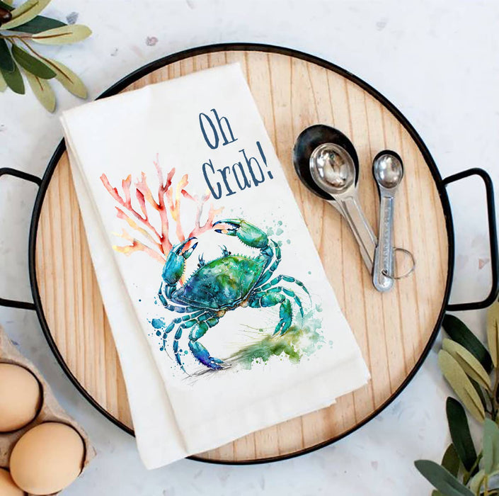 Coastal Beach Oh Crab Blue Crab Flour Sack Tea Towel