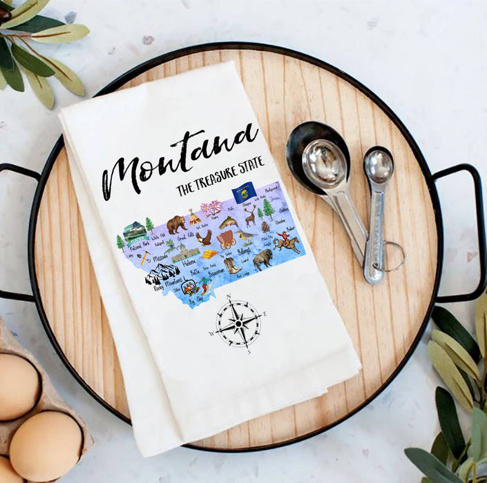 Montana State Map Souvenir Flour Sack Tea Towel