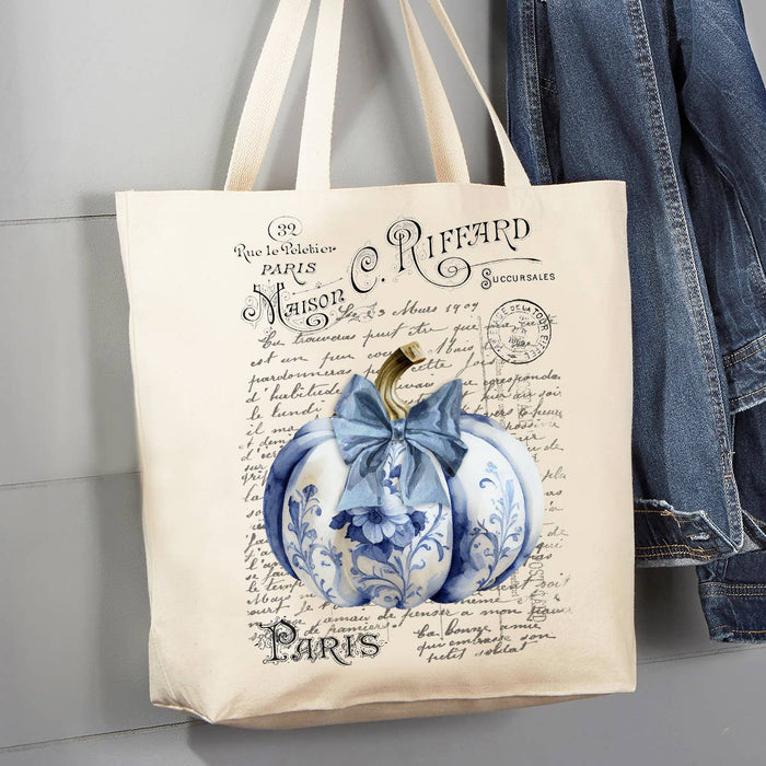 Autumn French Blue White Chinoiserie Pumpkins Canvas Tote
