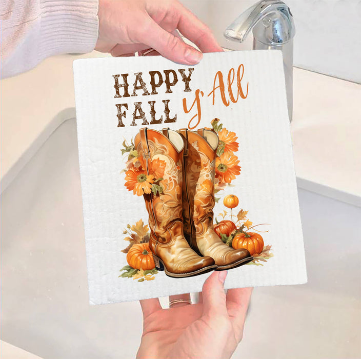 Happy Fall Y'All Cowboy Boots Western SWEDISH DISH CLOTH