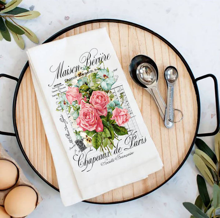 Vintage French Garden Roses Paris Flour Sack Tea Towel