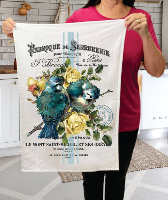 Vintage French Birds Roses Kitchen  Terry Towel