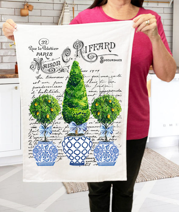 Blue & White Chinoiserie Topiaries Trees Cotton Terry Cloth Towels