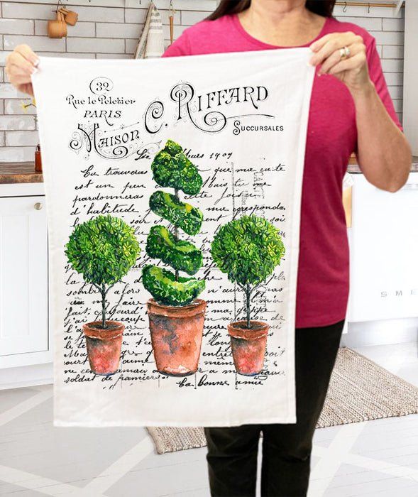 Vintage French Topiary Trees Cotton Terry Cloth Towels