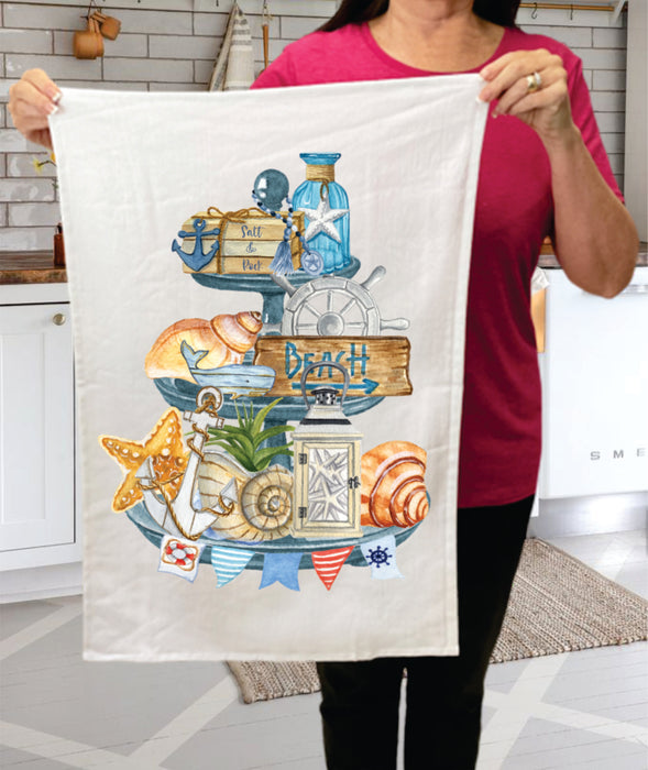 Beach Ocean Sea Shells 3 Tier Tray  Terry Towel