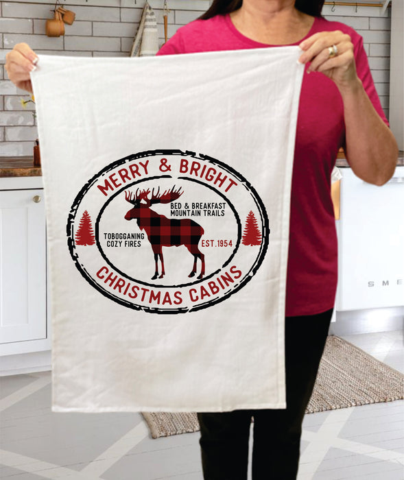 Merry and Bright Christmas Cabins Reindeer Cotton Terry Towels