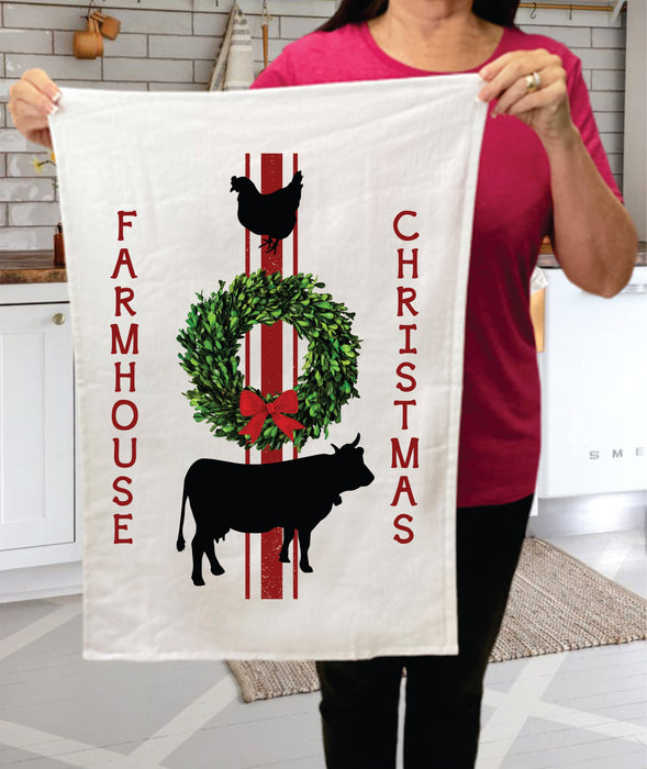 Farmhouse Christmas Wreath Chicken Cow Cotton Terry Towels