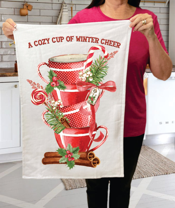 Christmas Tea Cups Winter Cheer Cotton Terry Towel