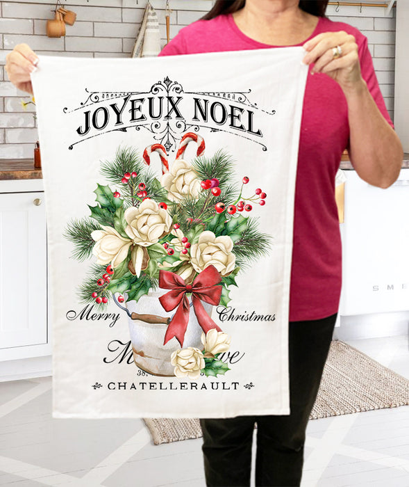 Christmas French Joyeux Noel Magnolia Flowers Cotton Terry Towel