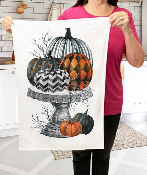 Halloween Checkered Stacked Pumpkins Kitchen Terry Towel