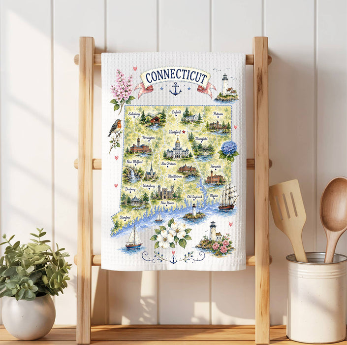 Connecticut State Map Landmark Waffle Weave Towel