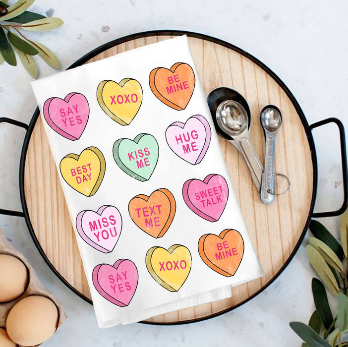 Candy Hearts Messages Valentine Tea Towel