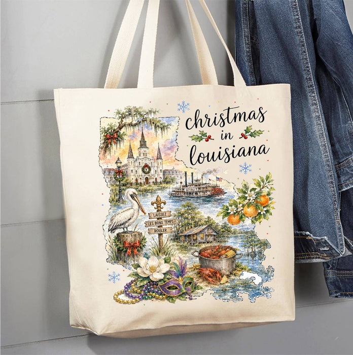 Christmas in Louisiana State Map Canvas Tote Bag