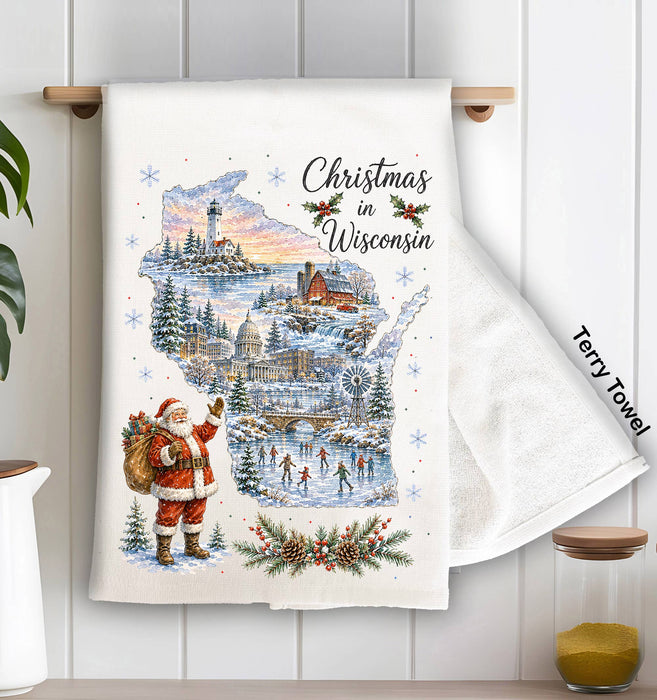Christmas in Wisconsin State Map Kitchen Terry Towel