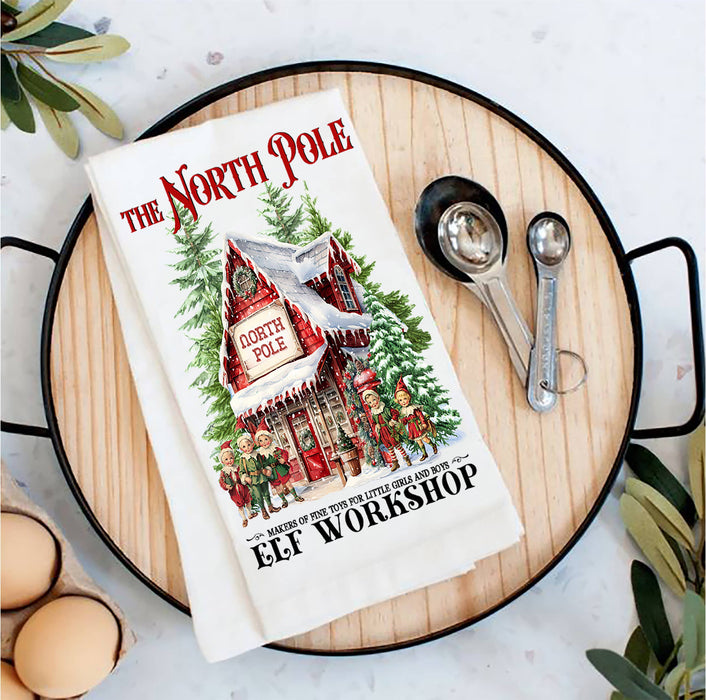 Christmas Vintage North Pole Elfs Tea Towel
