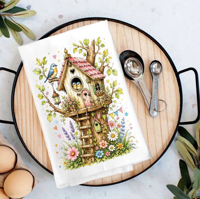 Spring Birds in Birdhouse Flowers Tea Towel