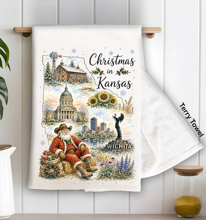 Christmas in Kansas State Map Kitchen Terry Towel
