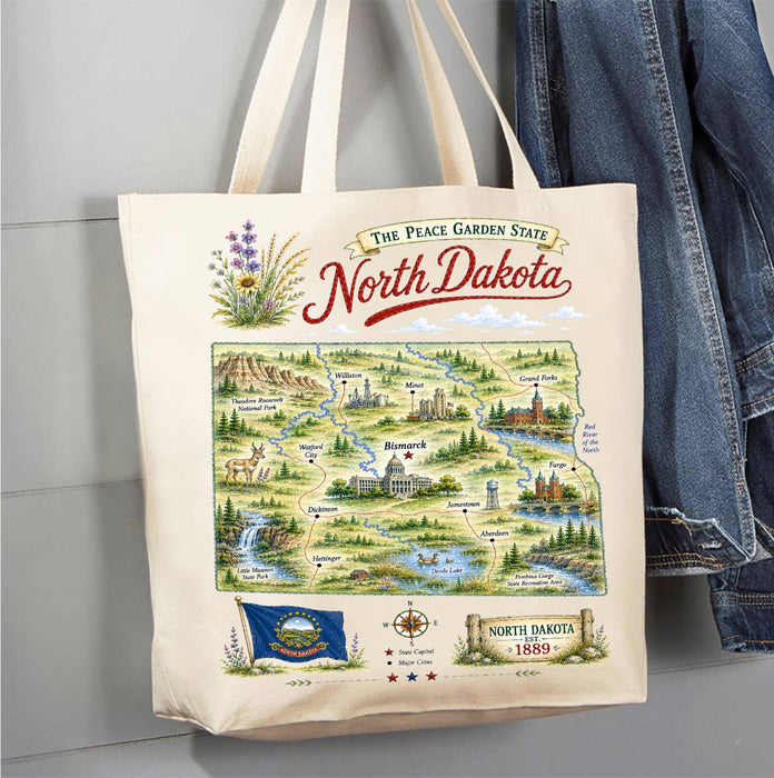 North Dakota State Map Landmark Canvas Tote Bag