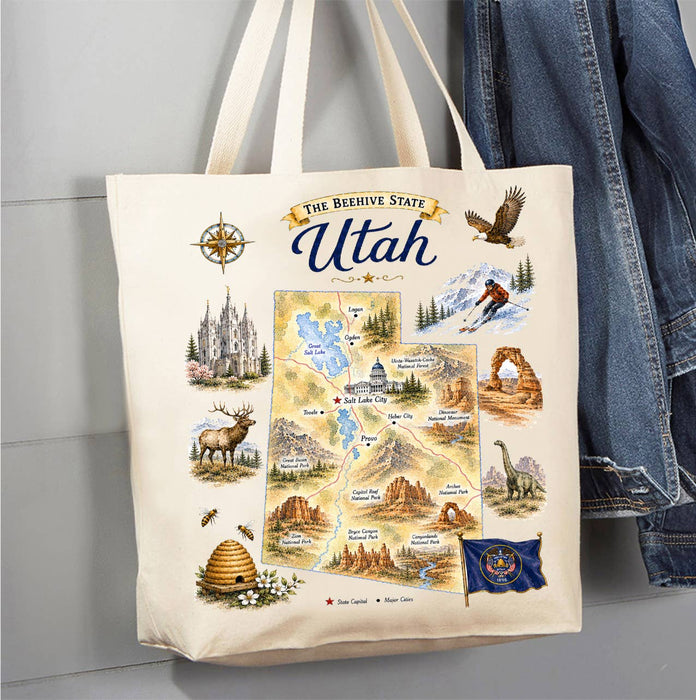 Utah State Map Landmark Canvas Tote Bag