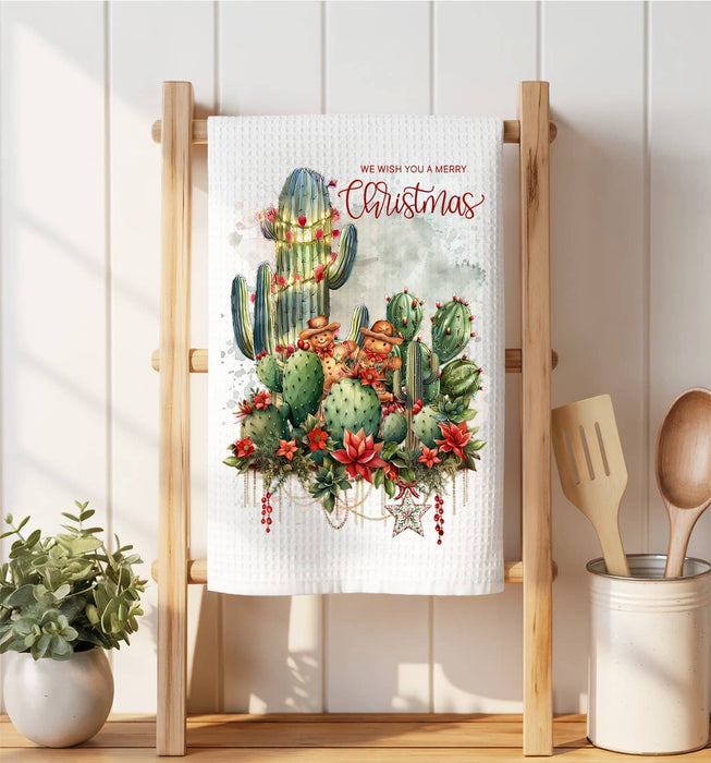 Merry Christmas Cactus Flowers Waffle Weave Towel
