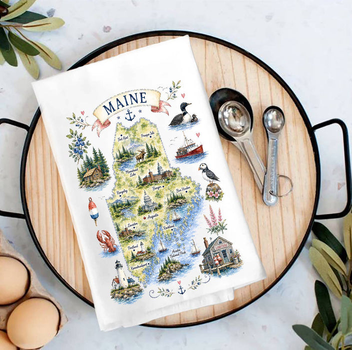 Maine State Map Landmark Tea Towel
