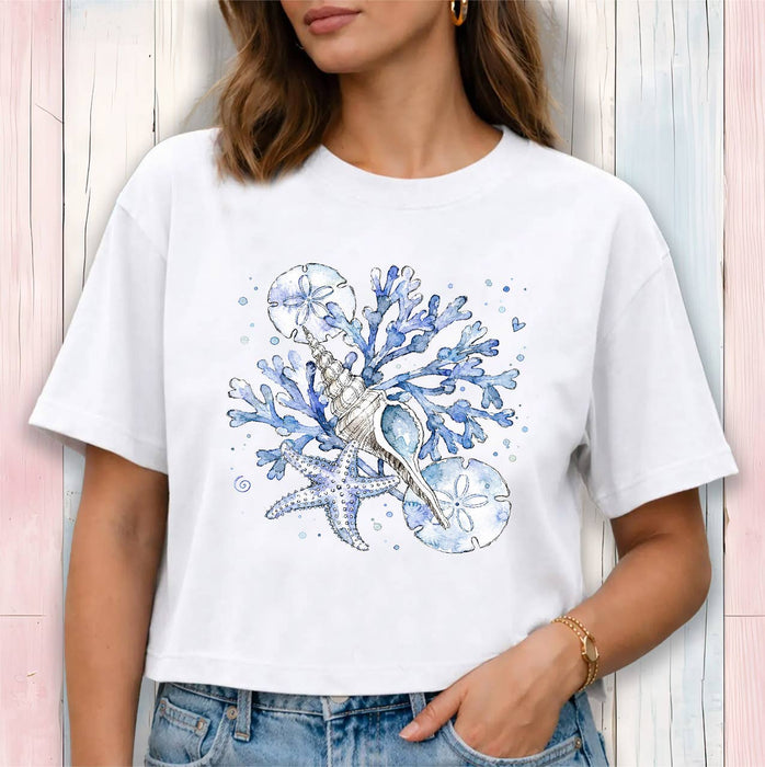 Coastal Blue Sand Dollar Sea Shells Cropped T-Shirt