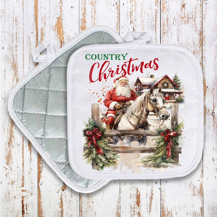 Country Christmas Santa Riding Horse Pot Holder Oven Mitt