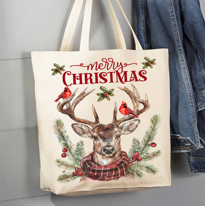 Christmas Reindeer Red Cardinals Canvas Tote Bag