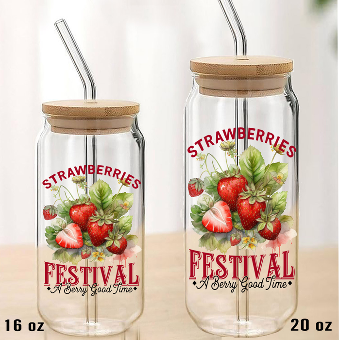Strawberry Festival  Can Glass with Lid Straw