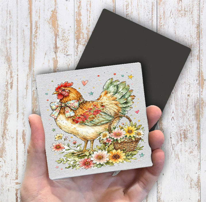 Watercolor Country Hen Flowers Magnet Fridge