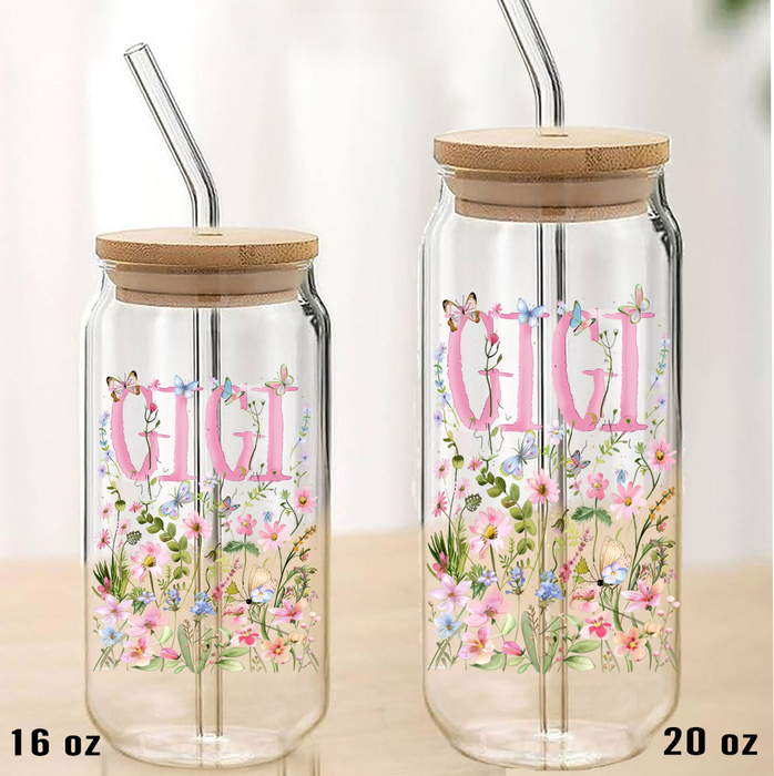Mother's Day Wild Flowers Gigi Can Glass with Lid Straw