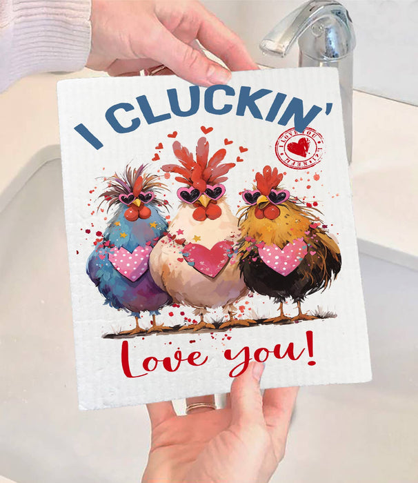 I Cluckin' Love You Chickens Valentine Swedish Dishcloth