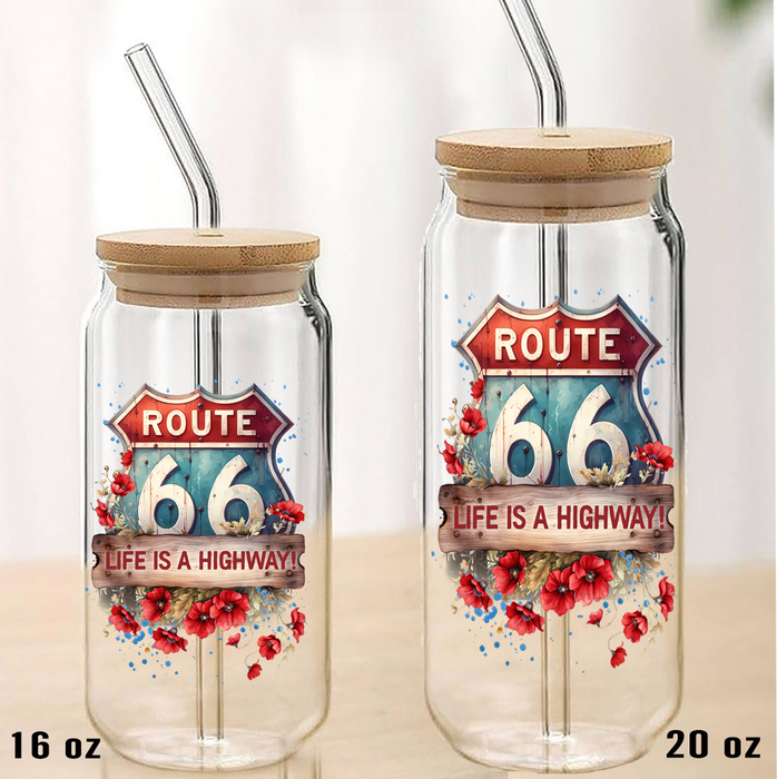Route 66 Life is a Highway  Can Glass with Lid Straw