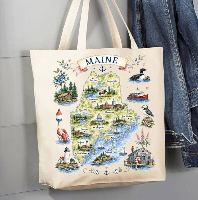 Maine State Map Landmark Canvas Tote Bag