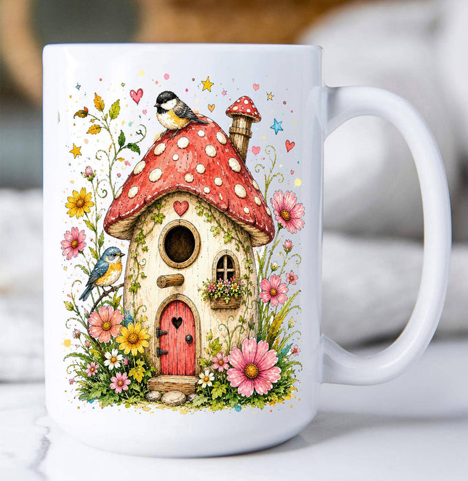 Mushroom Birdhouse Flowers Coffee Mug