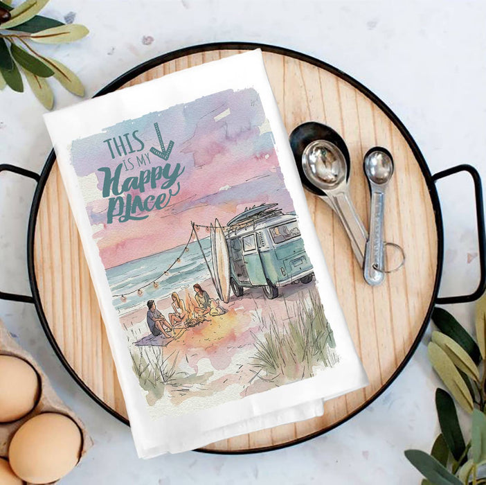 Camping on the Beach happy place Tea Towel