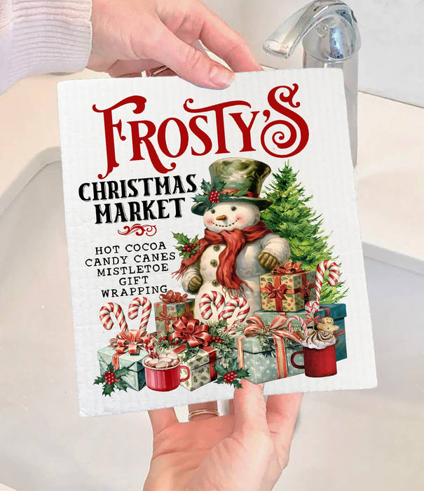 Frosty's Christmas Market Snowman  Swedish Dishcloth