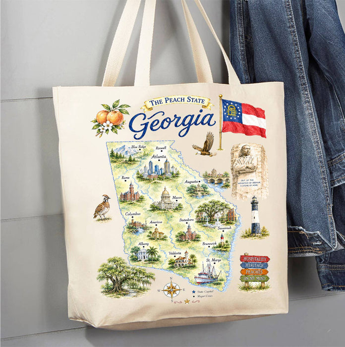 Georgia State Map Landmark Canvas Tote Bag