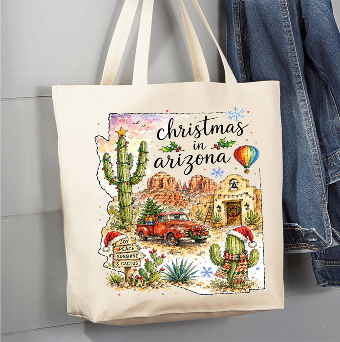 Christmas in Arizona State Map Canvas Tote Bag
