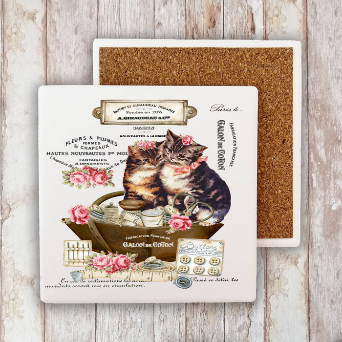 Country Vintage Fench Kittens Cats Stone Coaster