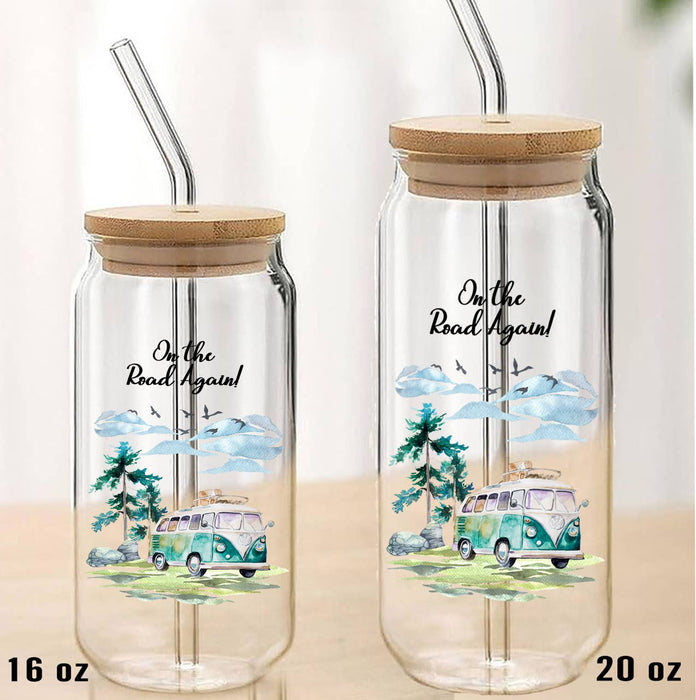 On the Road Again Camping Mountains Can Glass with Lid Straw
