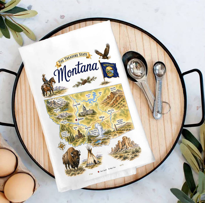 Montana State Map Landmark Tea Towel